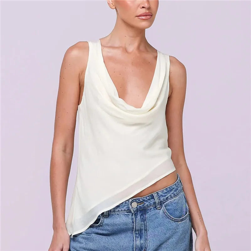 Cowl Neck Mesh Tank Top for Women Solid Color Sleeveless Sheer Blouse Asymmetric Hem Slim Fit Y2K Casual Party Wear