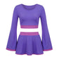 Women Purple 2 Piece Costume Set Flare Long Sleeve Crop Top And Mini Skirt Contrast Trim Halloween Cosplay Party Outfit