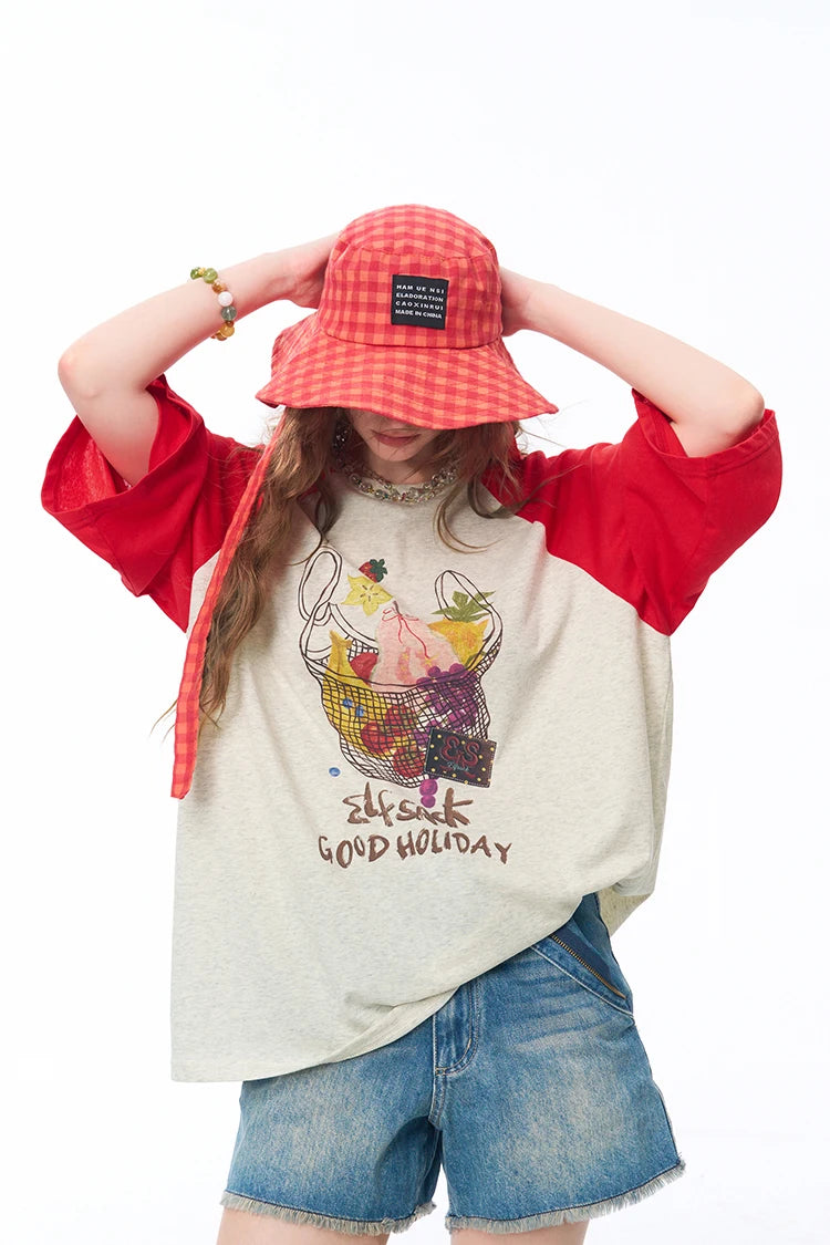 Women's Raglan 3/4 Sleeve T-Shirt with Fruit Basket Graphic Print, Color Block Loose Tee for Daily, Casual Oversized Top