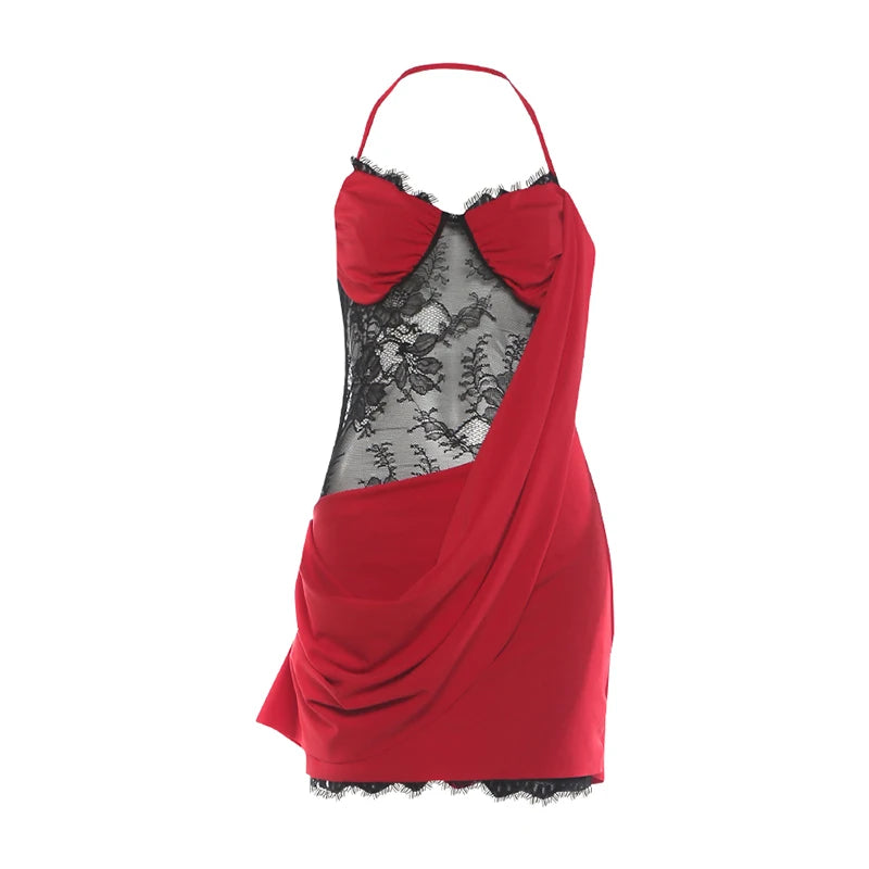 Lace Patchwork Dress Women Halter Low-Neck Folds Backless Sleeveless Skinny High Elasticity Sexy Hottie Party Bodycon