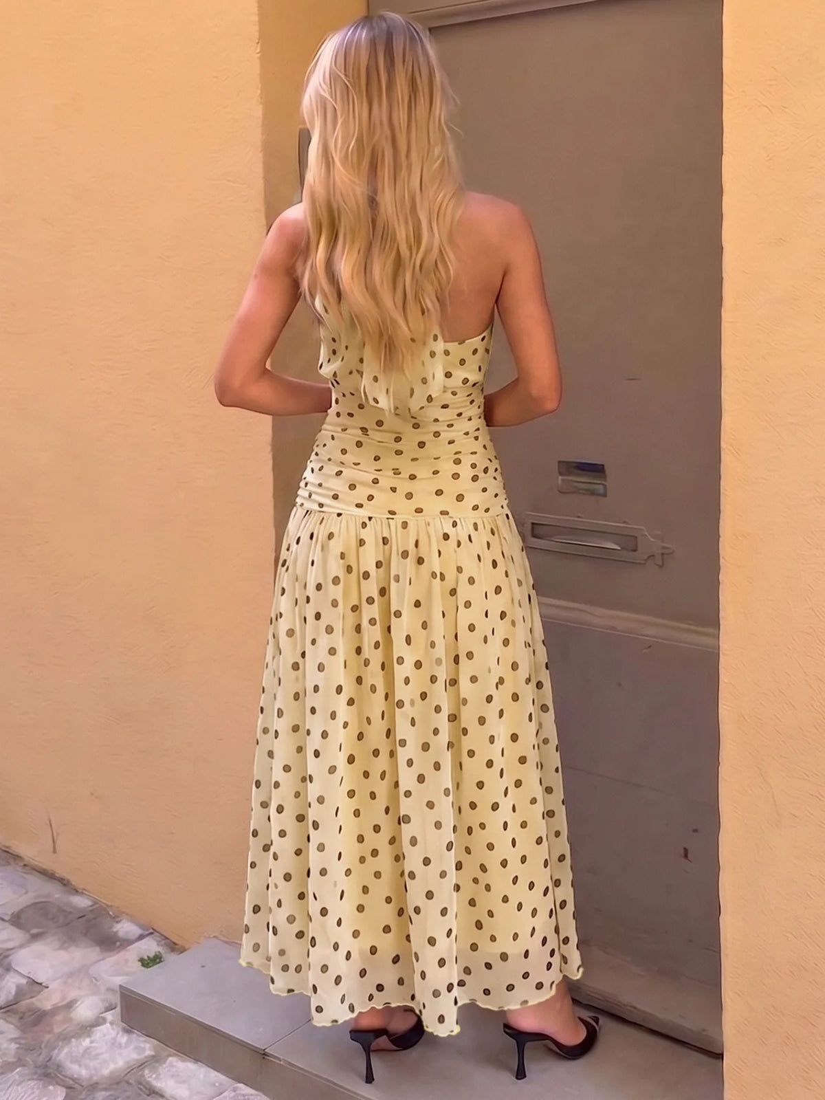 Yellow Polka Dot Summer Dresses 2026 Elegant Halter Backless Pleated Long Dress Woman Clothing