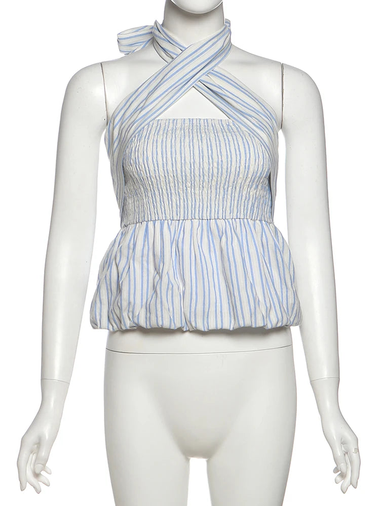 Simple 2-Piece Set Women Cross Halter Bandage Stretch Puffy Hem Tank Tops+Shorts Summer Beach Vacation Party Clubwear