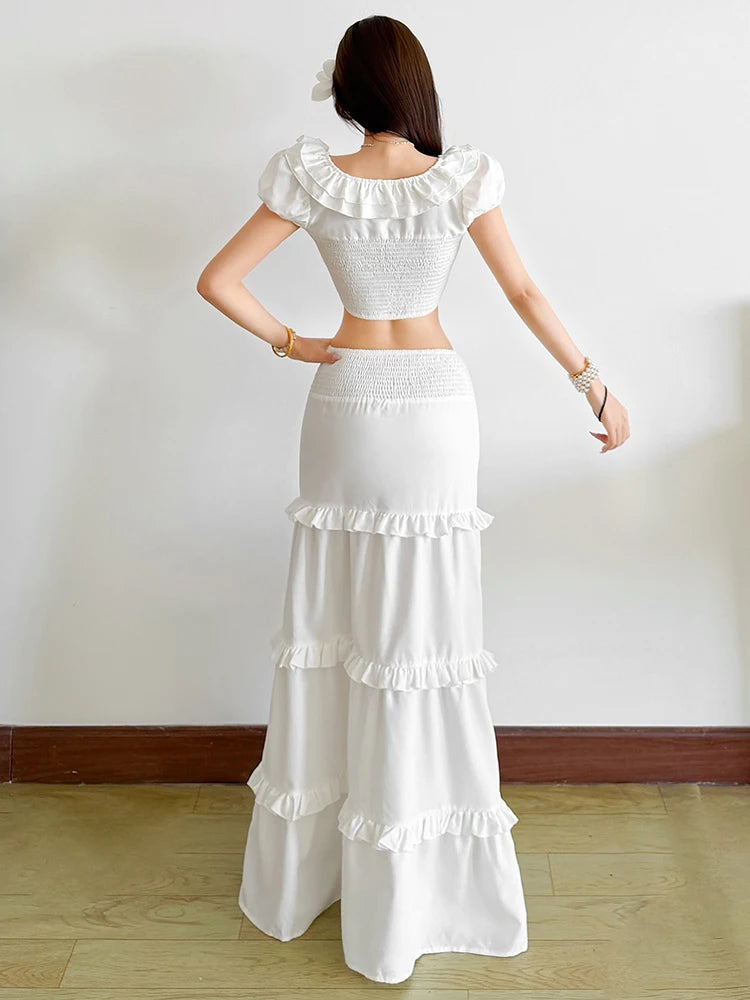 Summer Simple 2 Piece Set Women Simple Ruffled patchwork Mini Sleeve Elastic Hem T-Shirt+Cake Skirt Fashion Party Suits