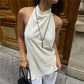 Women Backless Halter Crop Top Solid Color Satin Slip Tank Top Casual Office Ladies Off Shoulder Evening Party Vests