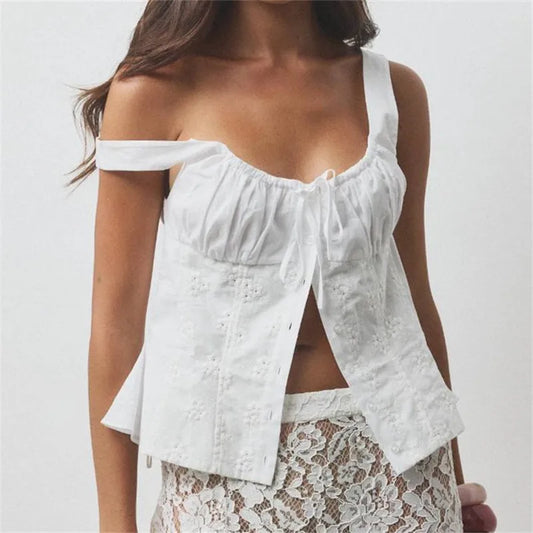 Women White Floral Embroidered Peplum Tank Top Square Neck Button Front Tie Detail Sleeveless Cottagecore Summer Blouse
