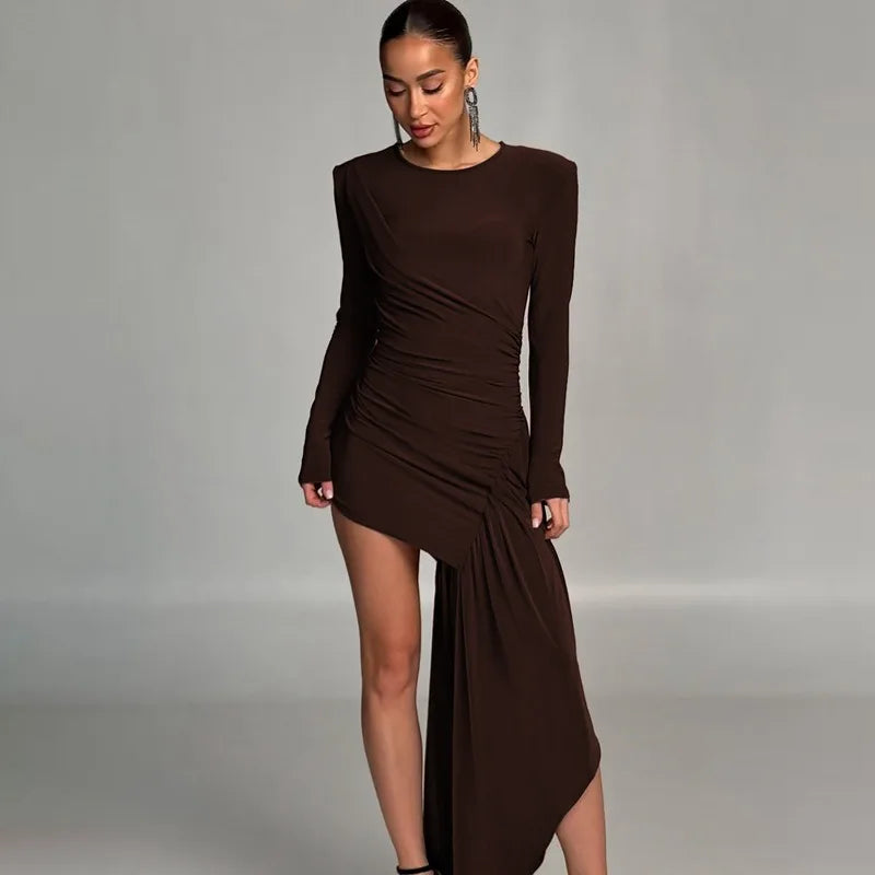 Long Sleeve Draped Mini Dress Solid Color Elegant Sexy Autumn Party Dresses 2025 Woman Clothes