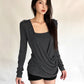 Button Decoration t-Shirt Women Square Collar Full Sleeve Folds Solid Leisure Classic Simple Comfortable Streetwear