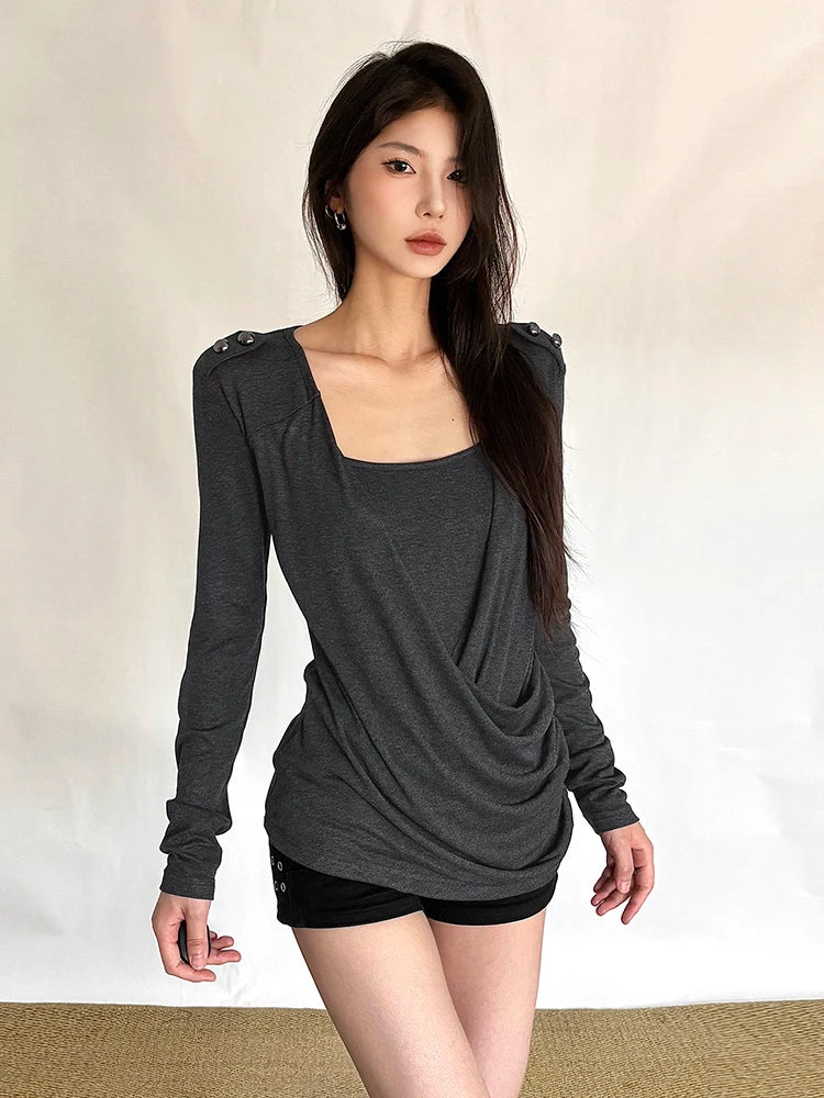 Button Decoration t-Shirt Women Square Collar Full Sleeve Folds Solid Leisure Classic Simple Comfortable Streetwear