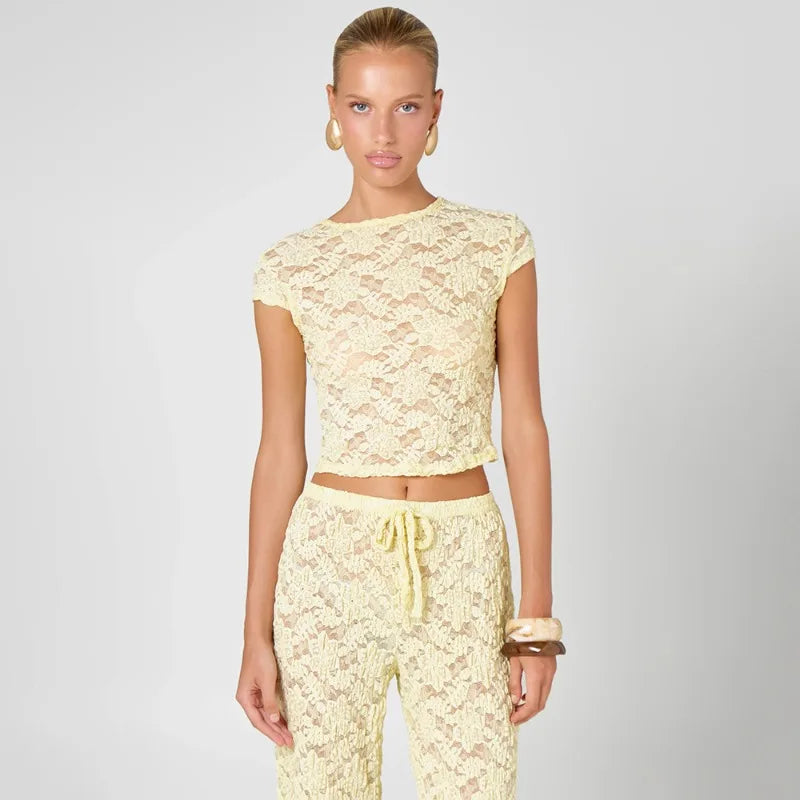 Two Piece Set Yellow Sheer Lace Co-Ord Cropped Top and Wide Leg Pants Summer Vacation Outfits Women 2026