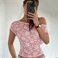 See Through Lace Mesh Crop Tops for Woman Sexy Asymmetrical Off Shoulder Short Sleeve Shirts Blouses