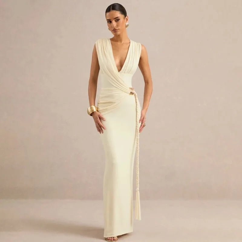 Deep V Neck Sleeveless Maxi Dress Woman Clothing Elegant Evening Dresses Wedding Party