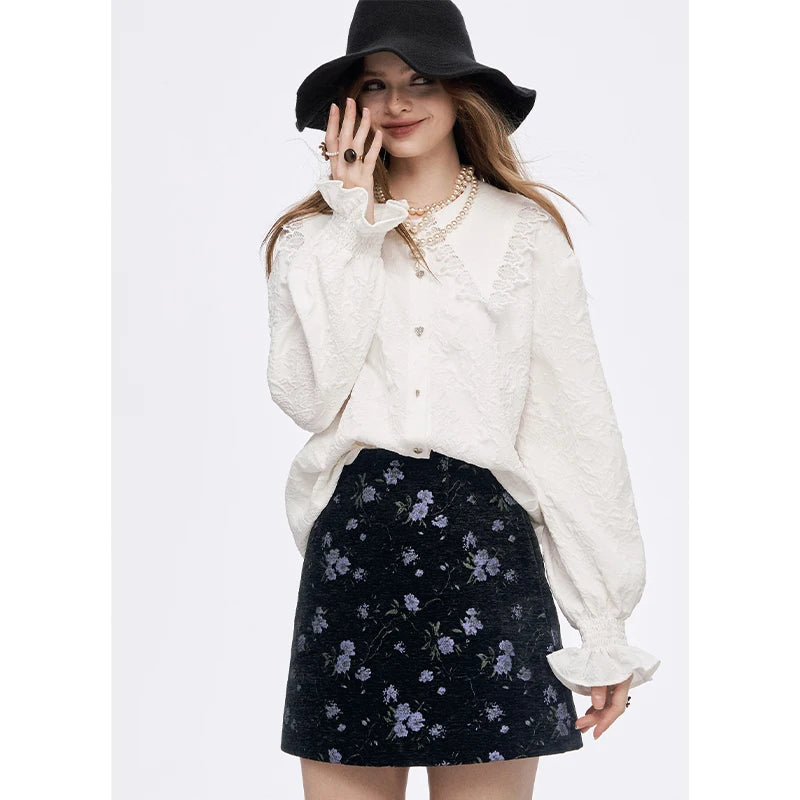 Y2K High Waist Gothic Floral A-Line Skirt Women, Black Skirt with Purple Print, Romantic Shoujo Cute Short Skirt