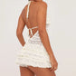Women Lace Halter Neck Bodysuit Romper Slim Open Back Tie-up Sleeveless Layered Ruffle Shorts Jumpsuit Party Clubwear