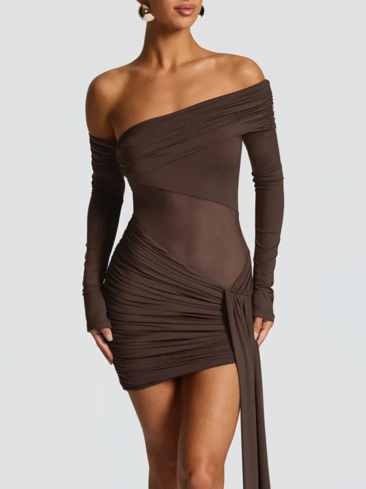 Off-shoulder Long Sleeve Sexy Mini Dress Women Fashion See Through Strapless Backless Draped Ruched Club Party Dresses