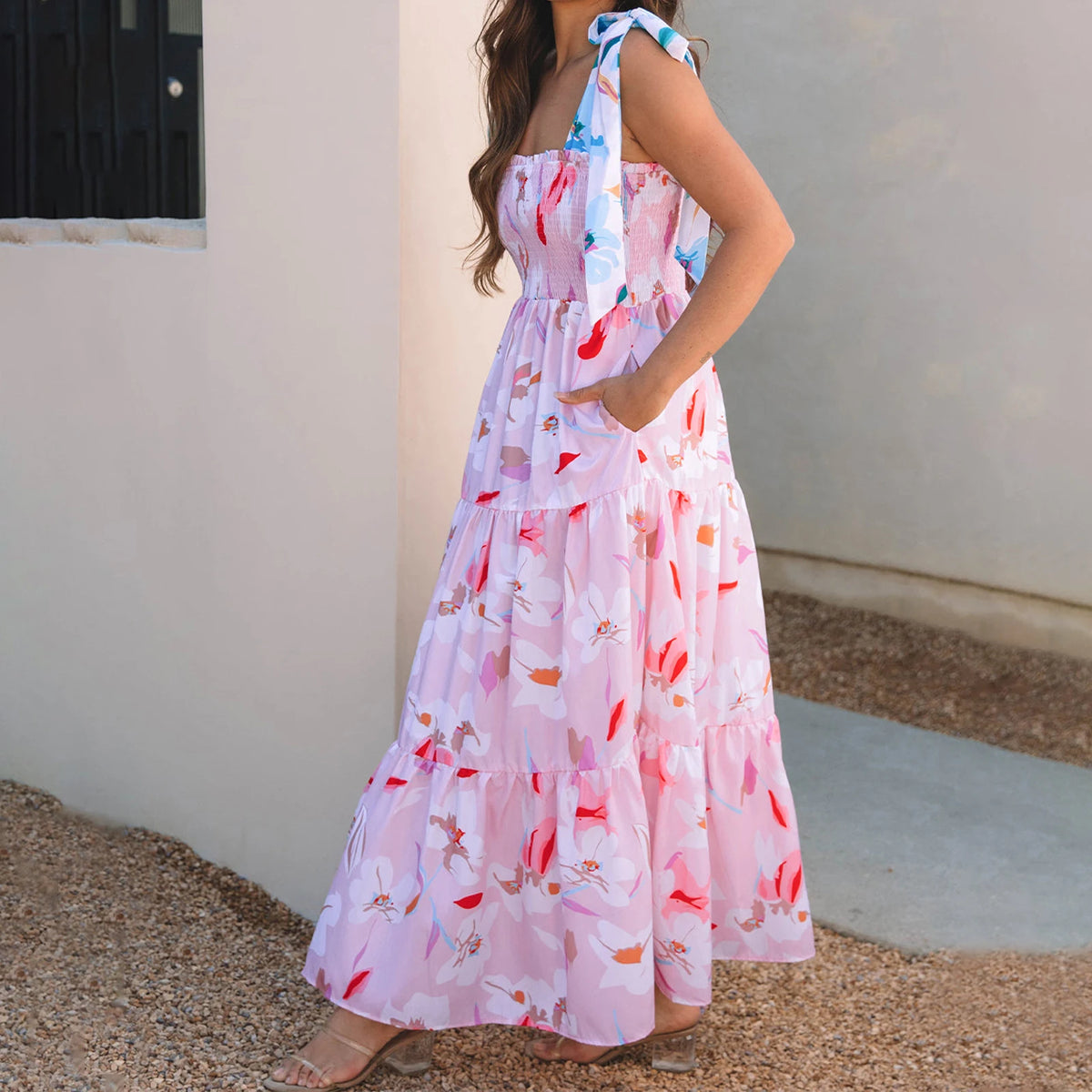 Boho Women's Summer Tie Shoulder Dress Vintage Floral Print Sleeveless Shirred Backless Long Flowy Dress with Pockets