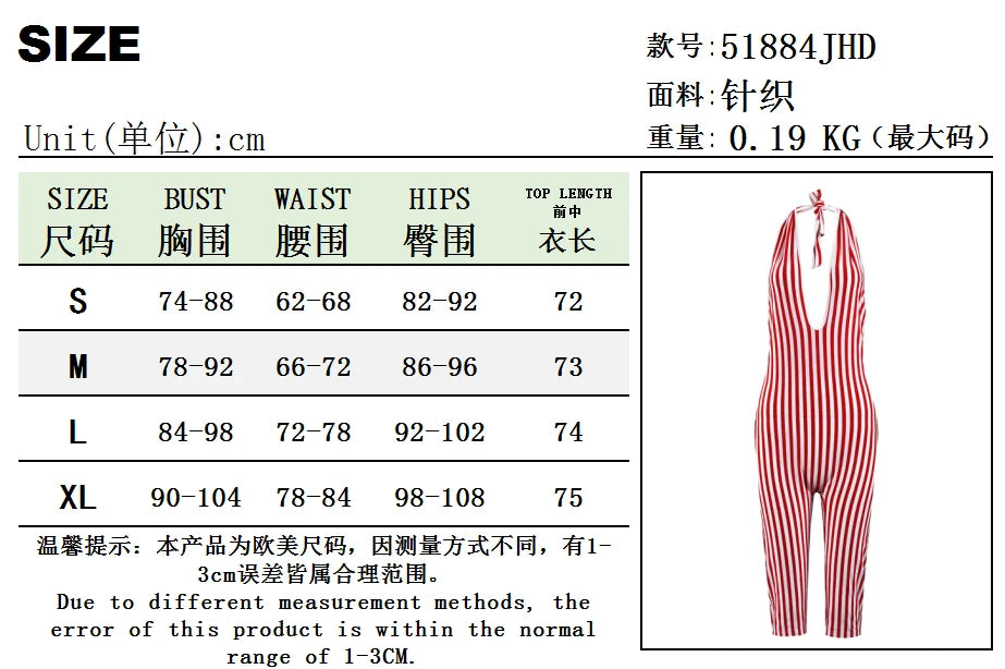 Stripe Print Playsuit Women Sleeveless Backless Halter Bandage Skinny Sexy Clubwear Activity Fitness Workout Romper