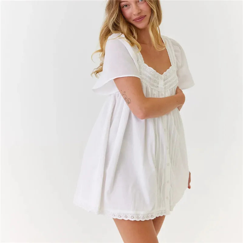 Square Neck Eyelet Lace Mini Dress Women Flutter Short Sleeve Front Button Pleated Loose Babydoll Summer Vacation Dress