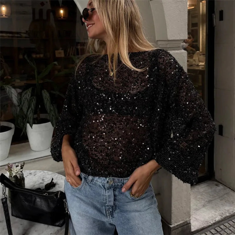 Y2K Glitter Sequins Mesh Sheer Long Sleeve Top Women Loose Bubble Cuff See Through Hollow Out Crop Blouse Summer Beach