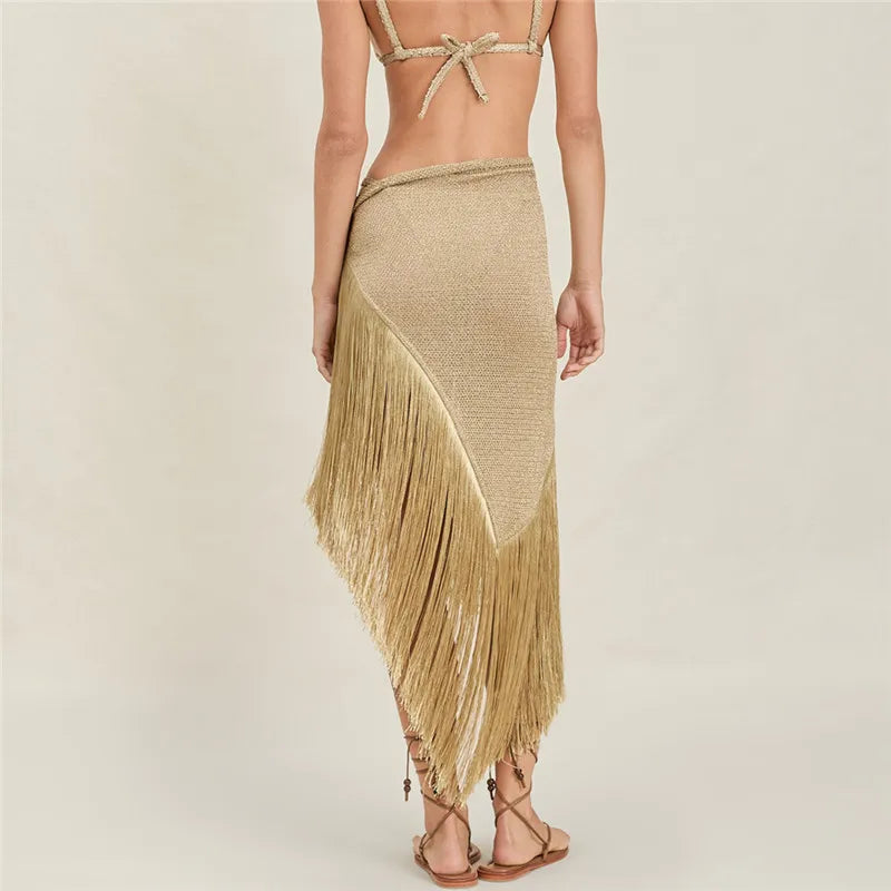 Sexy Fringe Halter Top/Wrap Skirt 2-in-1 Convertible Cover-Up Women Two Ways To Wear For Summer Beach Party Clubwear