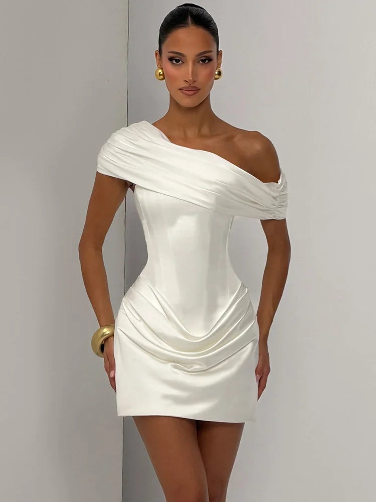 Women Satin Sexy Mini Dress Off Shoulder Draped Corset Bodycon Dress Ruched Wedding Guest Cocktail Party Evening Dress