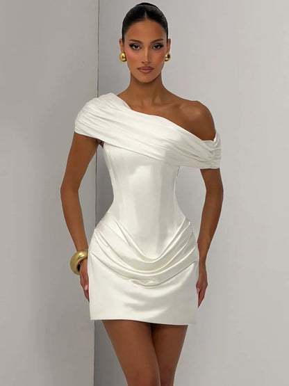 Women Satin Sexy Mini Dress Off Shoulder Draped Corset Bodycon Dress Ruched Wedding Guest Cocktail Party Evening Dress