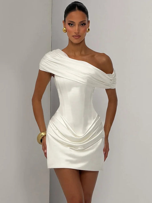 Women Satin Sexy Mini Dress Off Shoulder Draped Corset Bodycon Dress Ruched Wedding Guest Cocktail Party Evening Dress