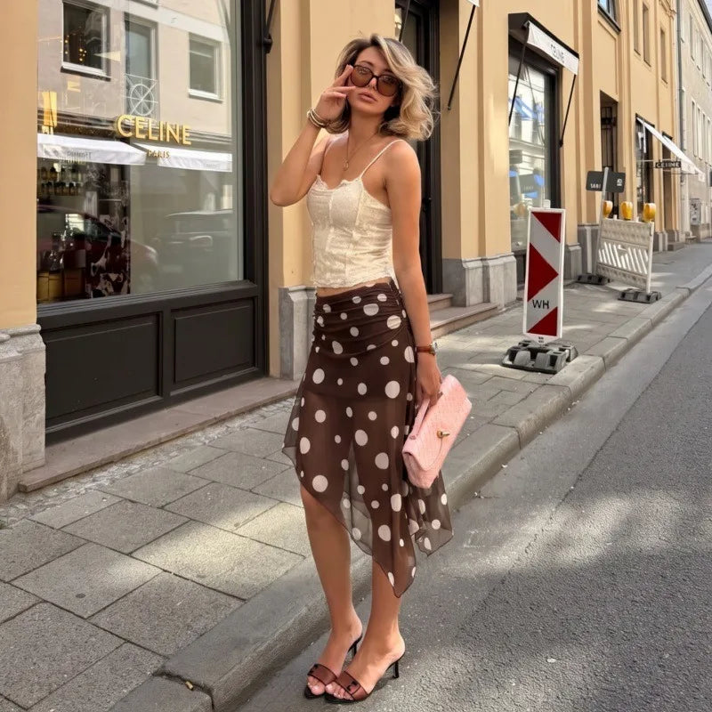 Polka Dot Print Mesh Sheer Brown Black Skirts for Woman Low Rise Asymmetrical Midi Skirt Y2k Clothes