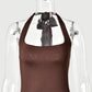 Halter Backless Ruched Maxi Dress Evening Gown Brown Classy Dresses for Woman Elegant Wedding Guest