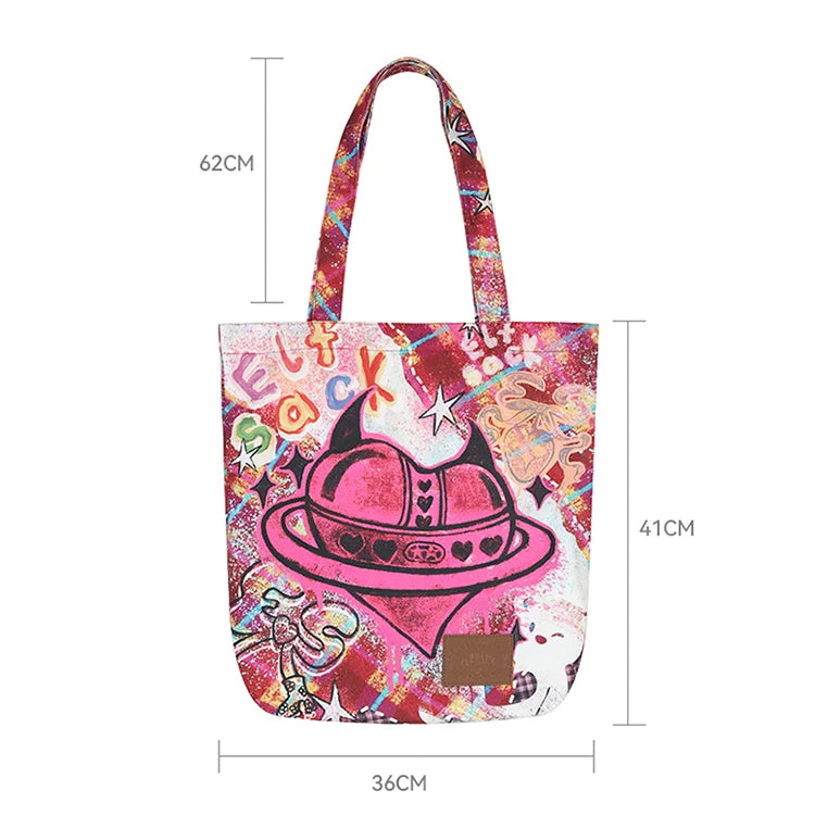 Y2K Plaid Cherry Hand Drawn Graffiti Large Capacity Tote Bag For Women