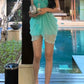 Starfish Metal Decoration Dress Women Halter Gradient Ruffles Folds Backless Sleeveless Beach Party Skinny Bodycon