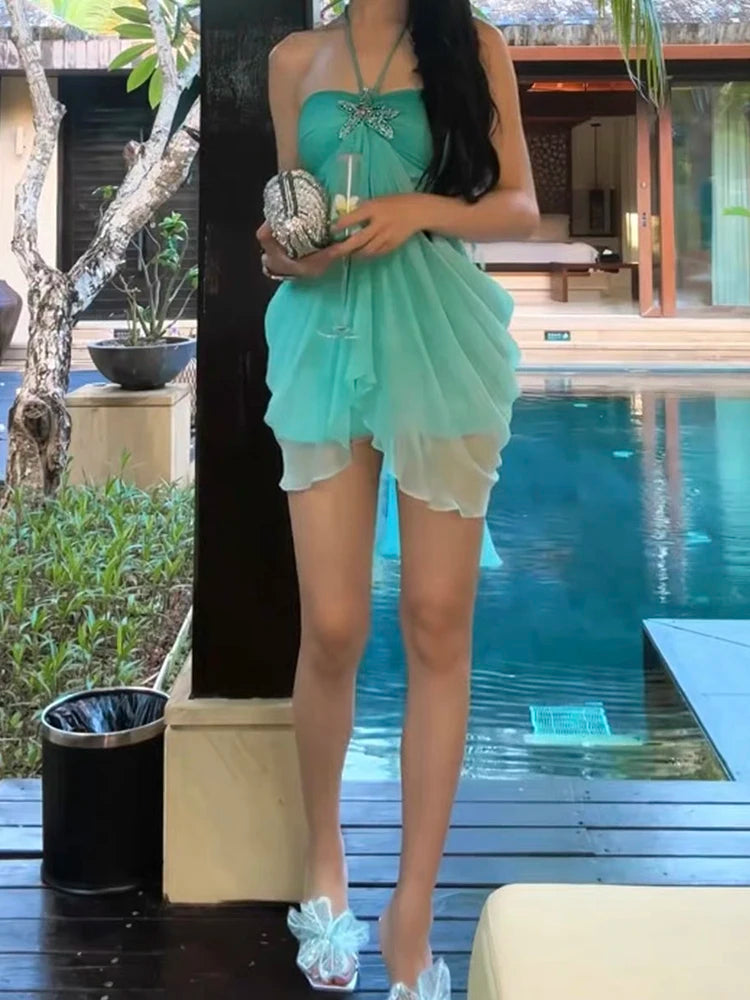 Starfish Metal Decoration Dress Women Halter Gradient Ruffles Folds Backless Sleeveless Beach Party Skinny Bodycon