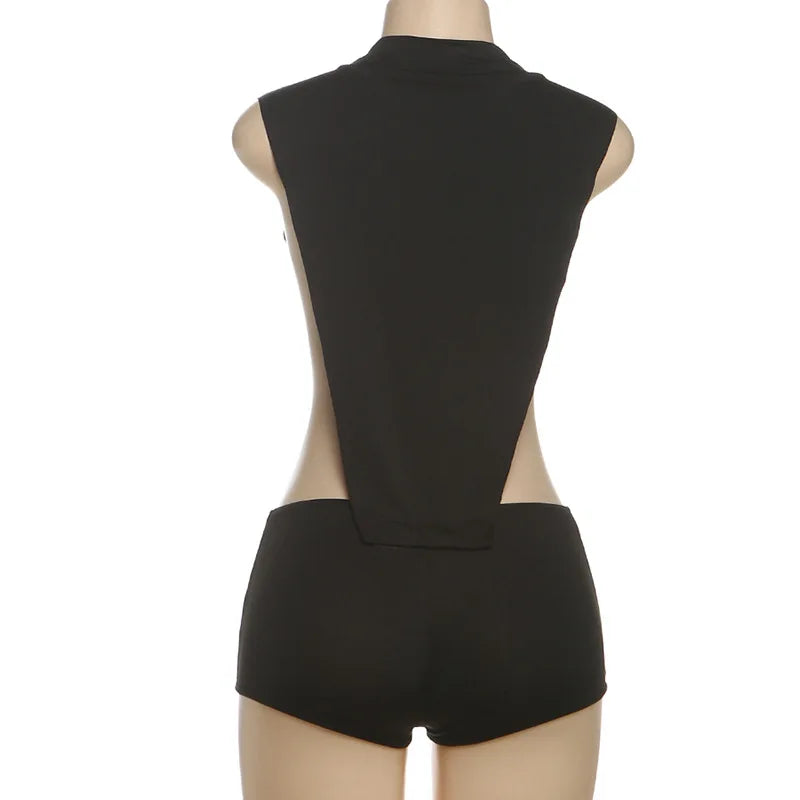 Black Cutout Sleeveless Bodysuit Rompers Sexy Women's High Waist Jumpsuit With Chains Plus Size Outfit Night Club Wear