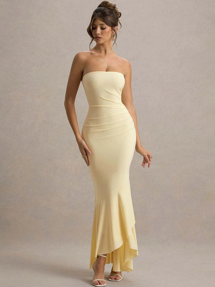 Off-shoulder Strapless Sexy Maxi Dress Women Fashion Elegant Sleeveless Backless Bodycon Pleated Club Party Long Dress