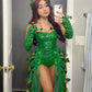 Women Green Leaf Sequin Bodysuit Costume with Tulle Train and Long Gloves Party Carnival Fancy Dress