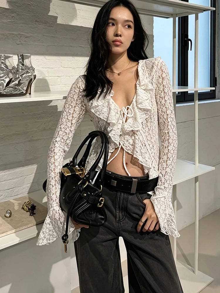 Jacquard t-Shirt Women Bandage Ruffles v-Neck Irregular Hem Elasticity Flare Sleeve Sexy Street Fashion Clubwear