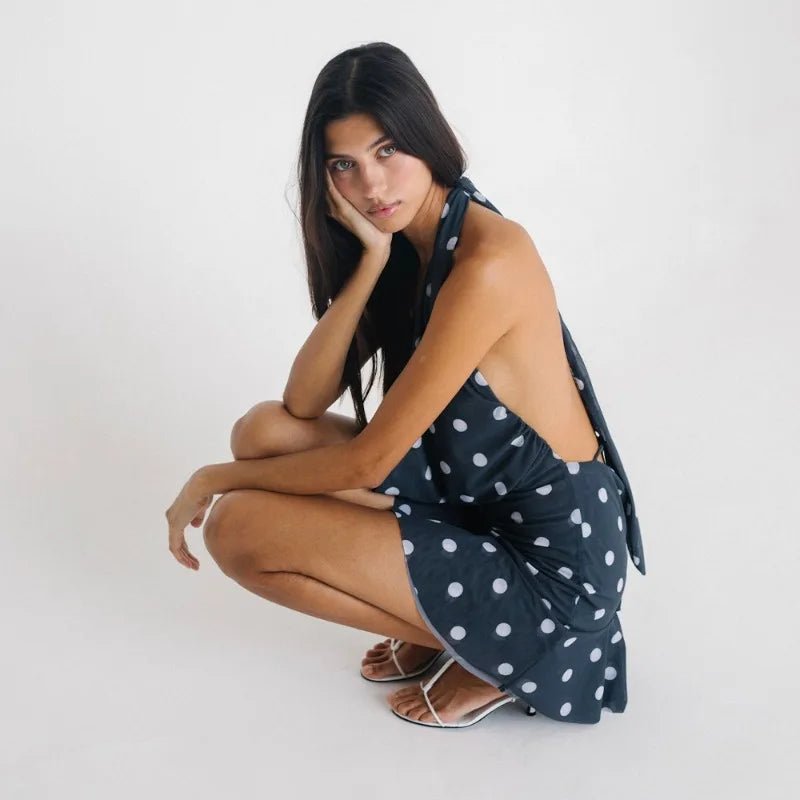 Polka Dot Mesh See Through Sexy Mini Dress Night Club Outfits for Woman Deep V Backless Dresses