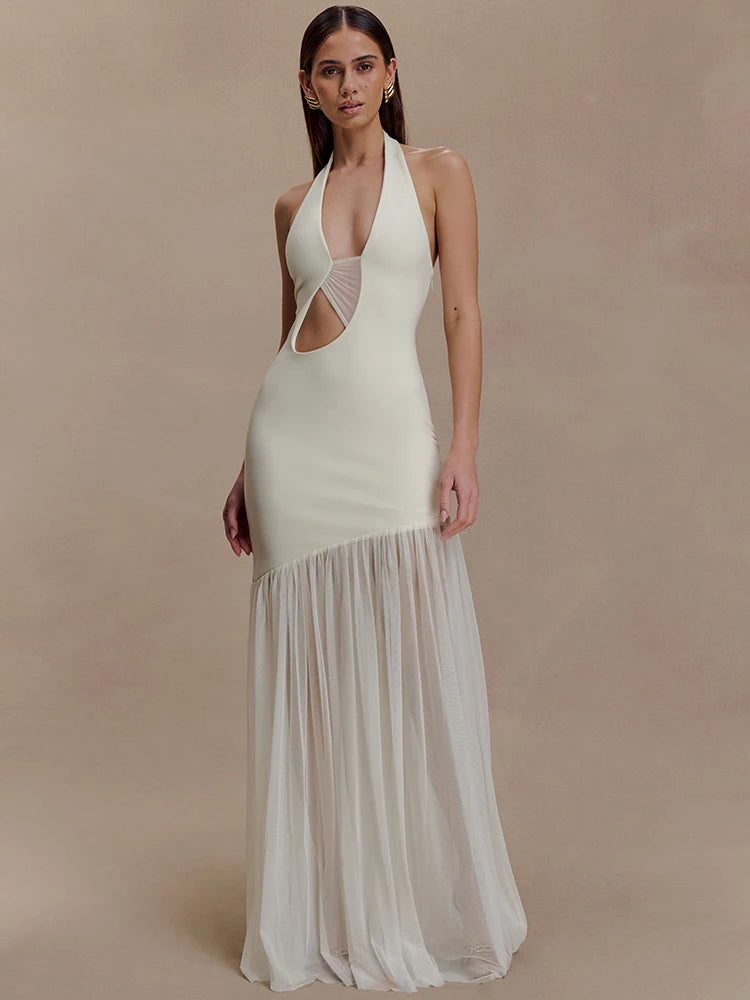 Hollow Out Halter Backless Sexy Maxi Dress Women Gown Elegant Patchwork V Neck Sleeveless Bodycon Club Party Long Dress