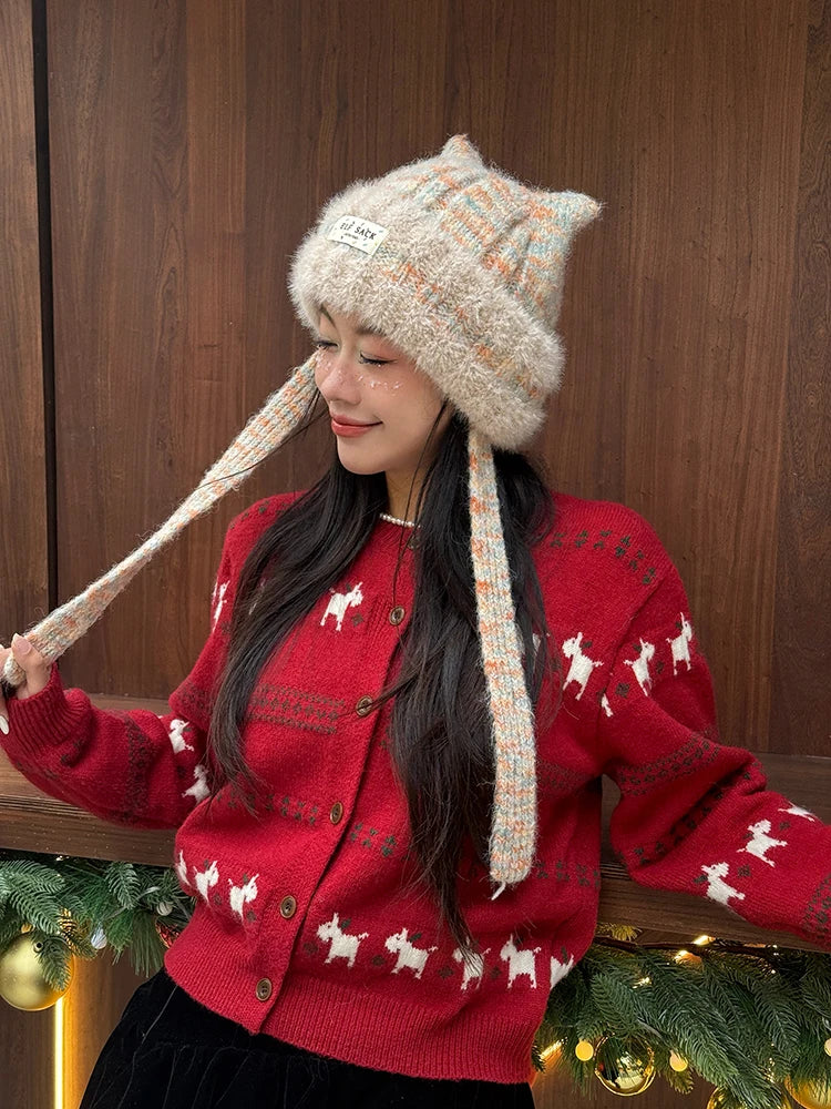 Cute Sweet Cat Ear Pom Pom Plush Warm Knit Beanie For Women
