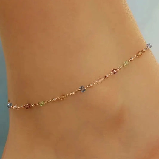 Bohemian Colorful Rhinestone Adjustable Anklet for Women Summer Beach Gold Color Thin Feet Chain Party Jewelry Accessories New