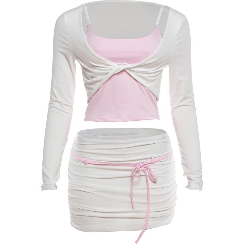 Chic Fashion 3 Piece Set Women Sexy Ruched Full Sleeve Crop T-Shirt+Line Patchwork Camisole+Peach Hip Skirt Street Suits