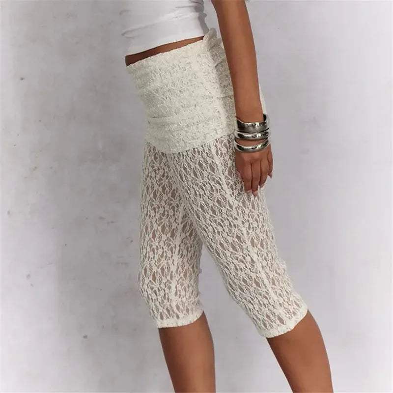 Women Lace Cropped Leggings with Skirt Overlay See Through Mesh Capri Pants High Waist Ruched Summer Casual Streetwear