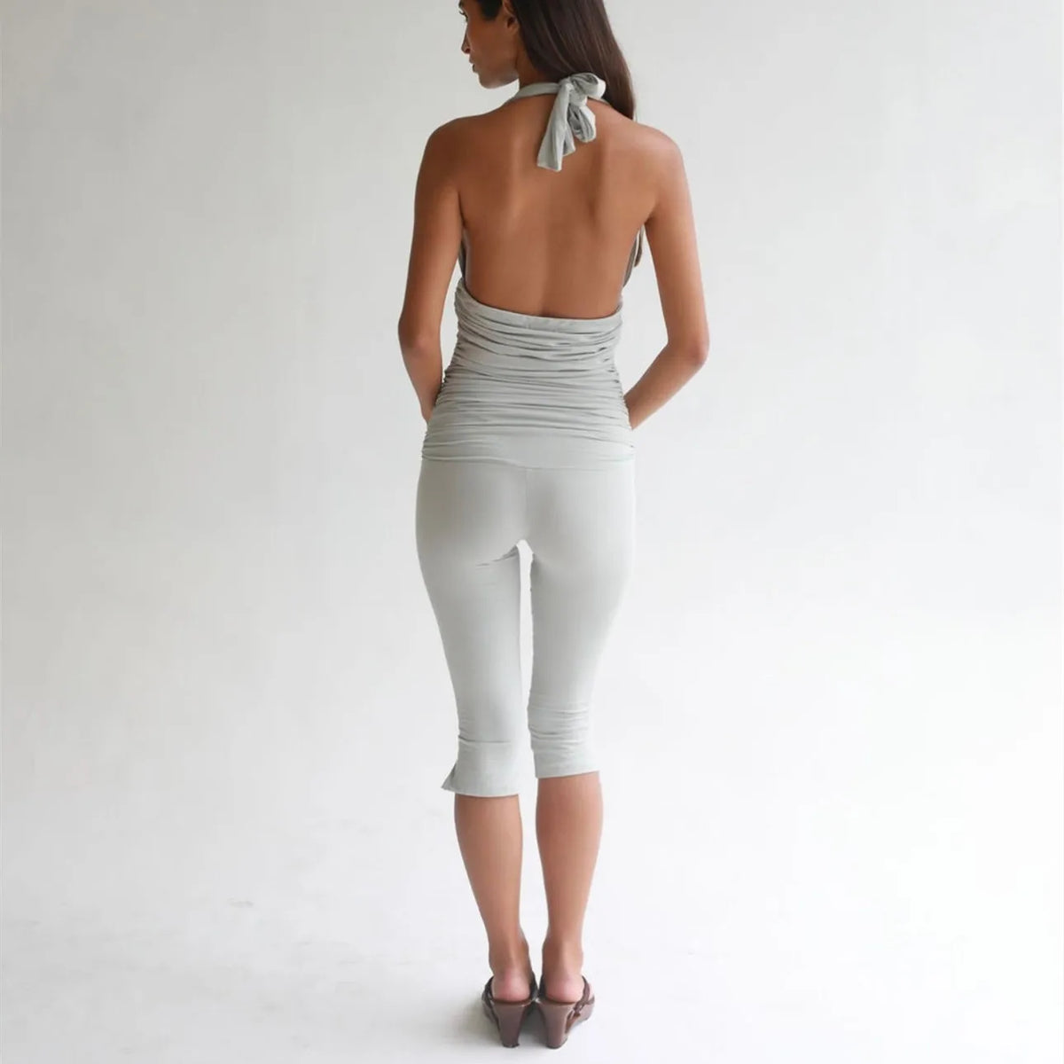 Women's Y2K Sexy Halter Neck Backless Deep V Neck Ruched Bodycon Capri Length Jumpsuit Solid Color Slim Fit Streetwear