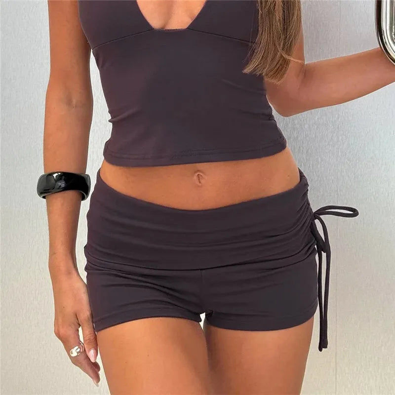 Women Fold Over Waist Biker Shorts Side Drawstring Ruched High Waist Skinny Booty Shorts Casual Y2K Workout Bottoms