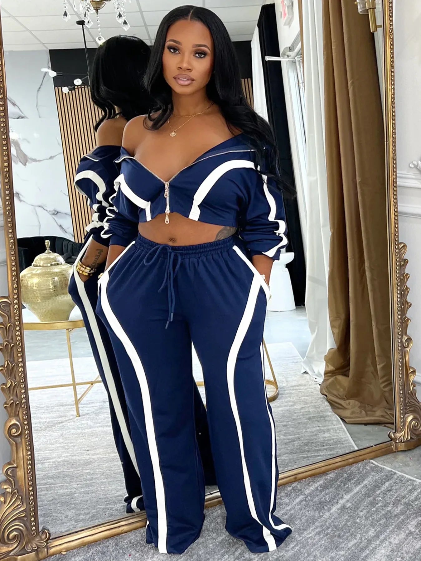 Casual Tracksuit 2-Piece Set Women Stripe Patchwork Zip Lapel Crop Jacket+Drawstring Pants Matching Sporty Outfits