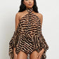Tiger Print 2-Piece Set Women Halter Bandage Off-Shoulder See Through Lantern Sleeve Vest+Simple Short Sexy Suits