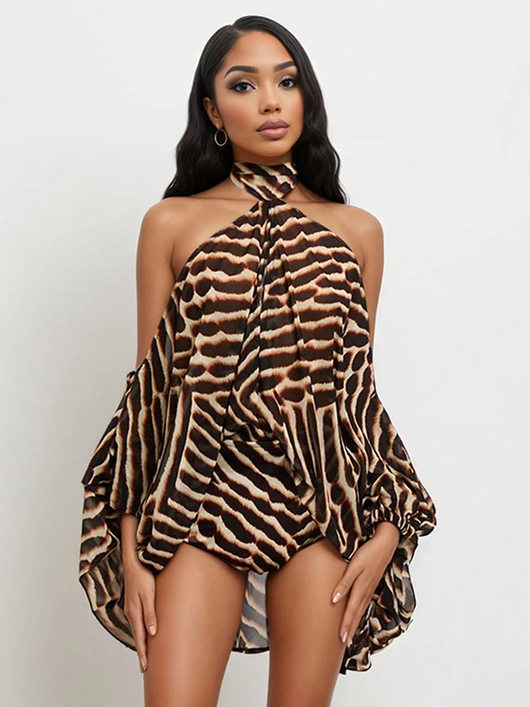 Tiger Print 2-Piece Set Women Halter Bandage Off-Shoulder See Through Lantern Sleeve Vest+Simple Short Sexy Suits