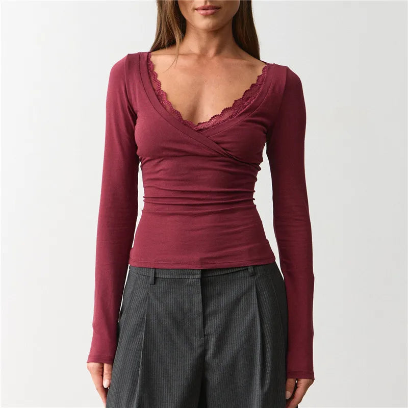 Lace Trim V Neck Wrap Long Sleeve Crop Top Women Slim Ruched Solid Color Basic Layering T Shirt Autumn Going Out Blouse