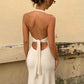 Women Halter Deep V Neck Midi Dress Sleeveless Backless Bodycon Ruffle Hem Long Dress Elegant Club Party Evening Dress