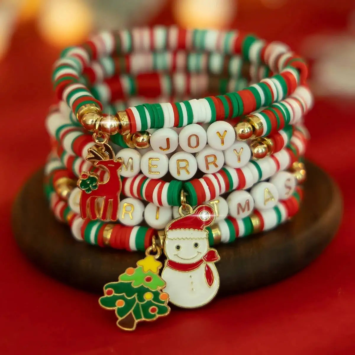 6 Pcs Y2K Snowman Deer Christmas Tree Pendant Polymer Clay Bracelet Women New Year Bangles Xmas Party Jewelry Gifts
