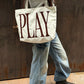 Off White Large Canvas Tote Bag with Bold Maroon "PLAY" Print for Women